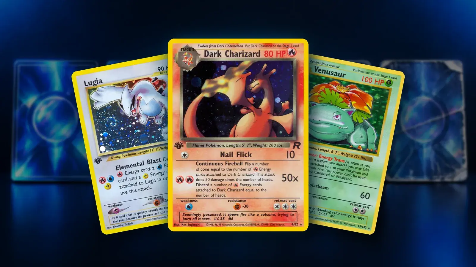 Five trading cards in a row from perfectly crisp to heavily worn and creased
