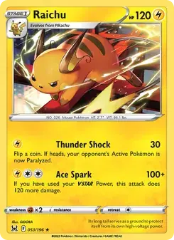 Raichu 053/196 Lost Origin Pokémon card