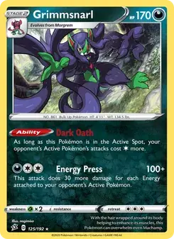 Grimmsnarl 125/192 Rebel Clash Pokémon card
