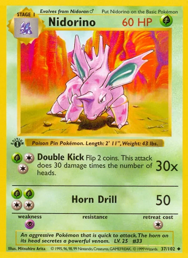 Nidorino 37/102 Base Set Pokémon card