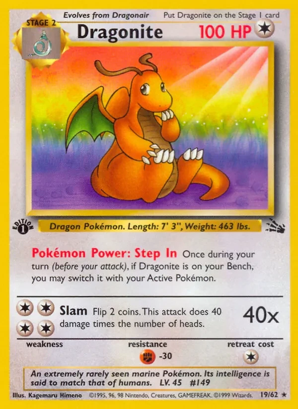 Dragonite 19/62 Fossil Pokémon Karte