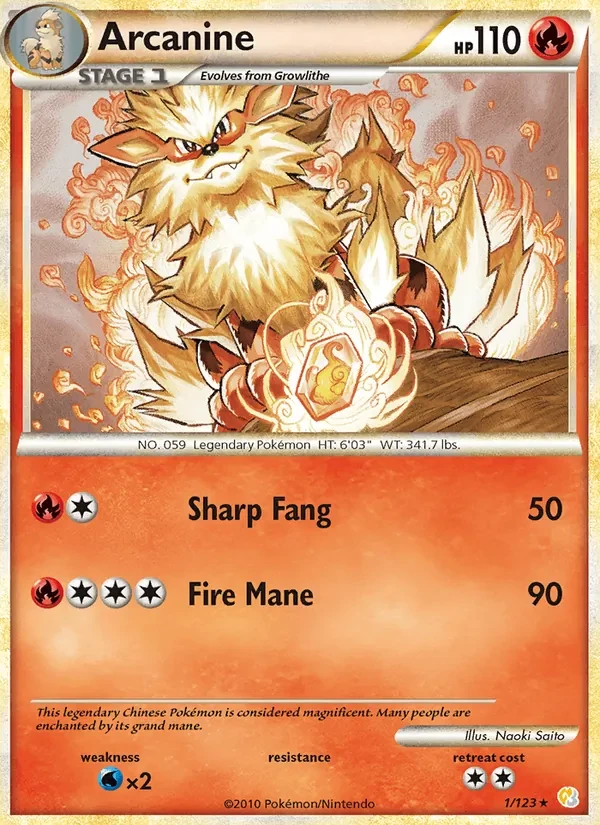 Arcanine 1/123 HeartGold SoulSilver Pokémon card