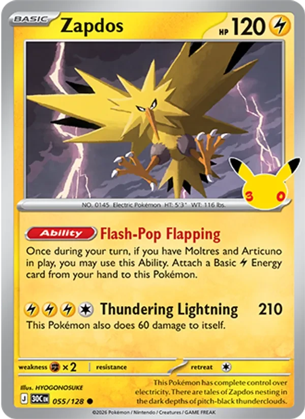 Zapdos 055/128 30th Celebration Pokémon card