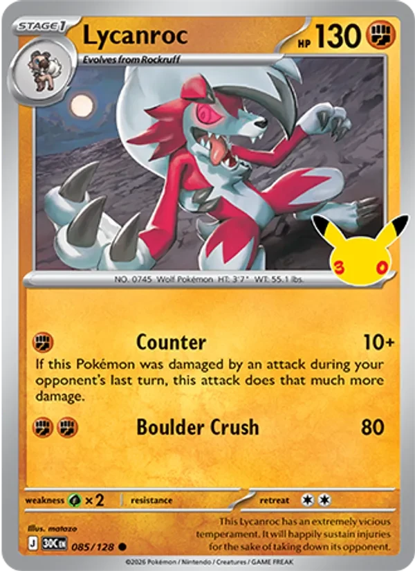 Lycanroc 085/128 30th Celebration Pokémon card