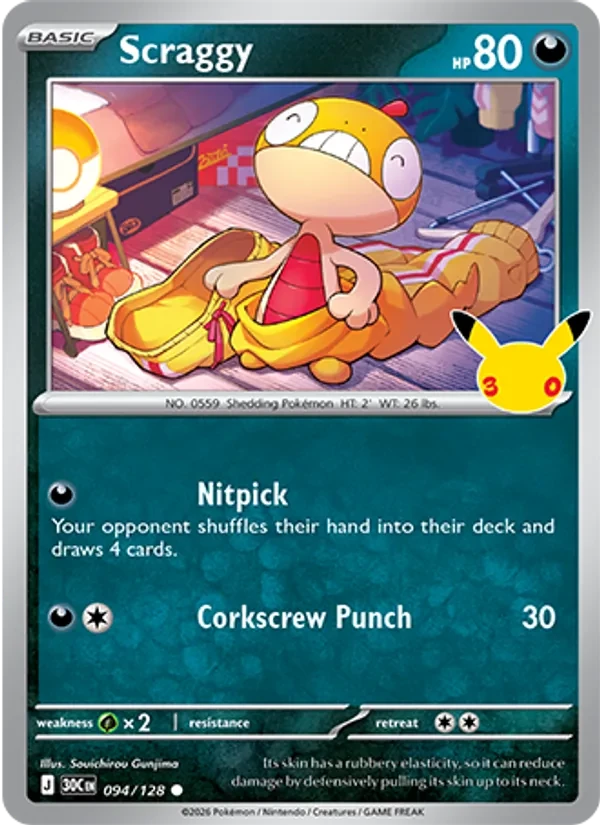 Scraggy 094/128 30th Celebration Pokémon card