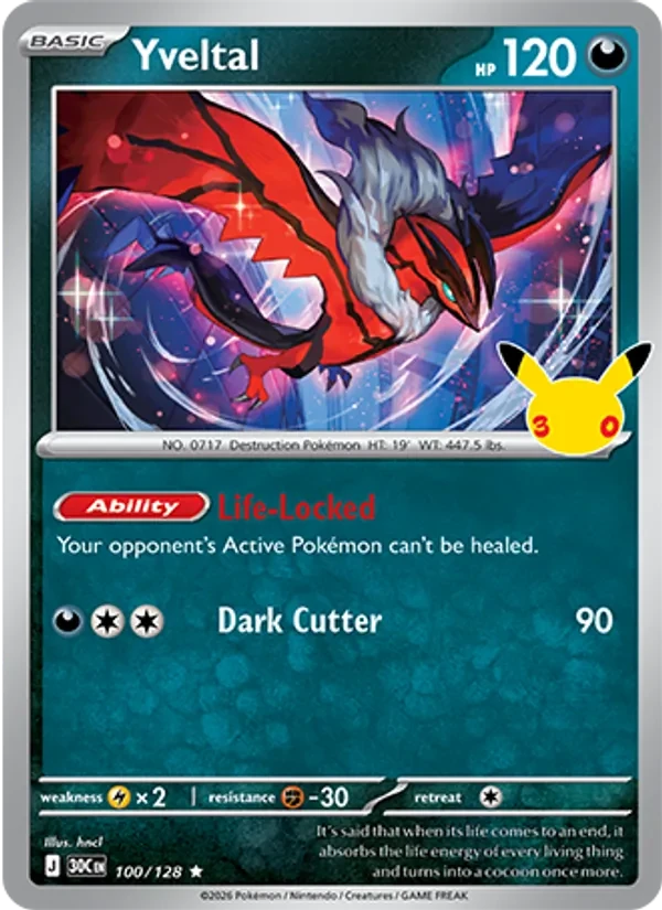 Yveltal 100/128 30th Celebration Pokémon card