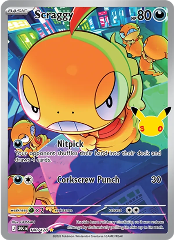 Scraggy 140/128 30th Celebration Pokémon card