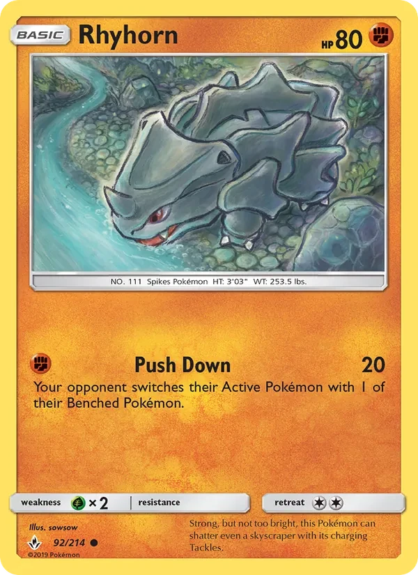 Rhyhorn 92/214 Unbroken Bonds Pokémon card
