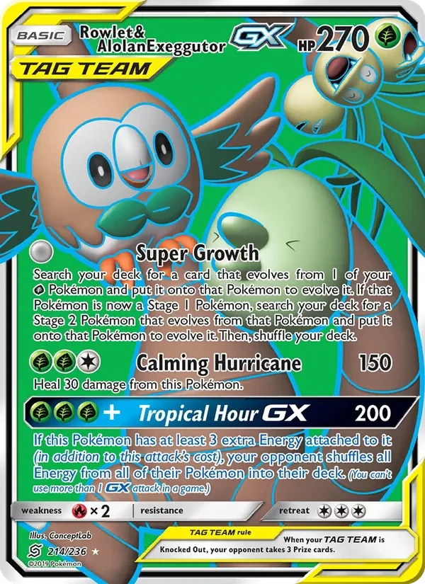 Rowlet & Alolan Exeggutor GX 214/236 Unified Minds Pokémon card