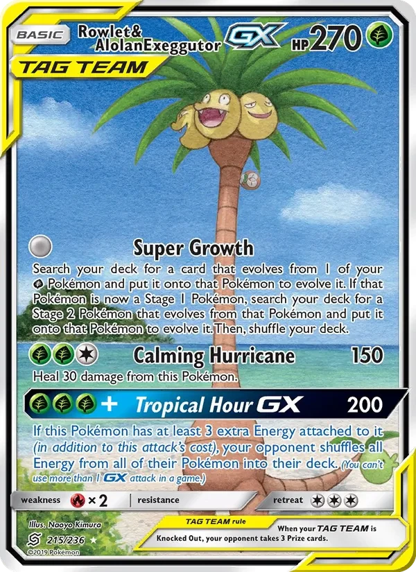 Rowlet & Alolan Exeggutor GX 215/236 Unified Minds Pokémon card