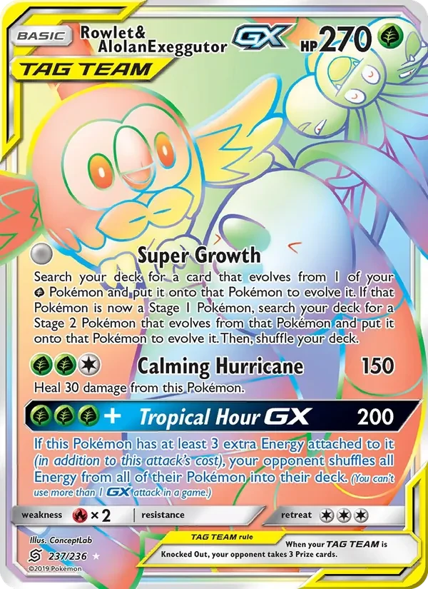 Rowlet & Alolan Exeggutor GX 237/236 Unified Minds Pokémon card