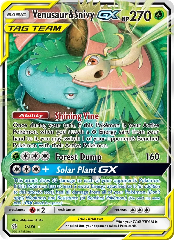 Venusaur & Snivy GX 1/236 Cosmic Eclipse Pokémon card