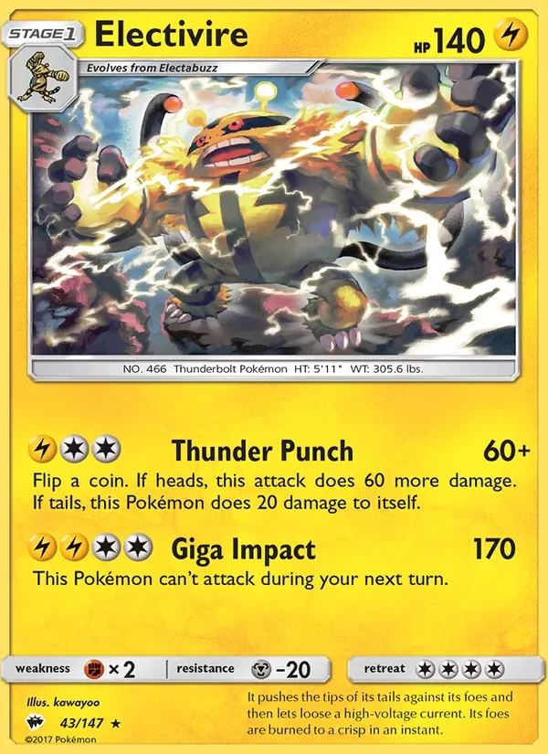 Electivire 43/147 Burning Shadows Pokémon card