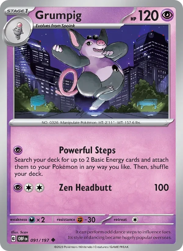 Grumpig 091/197 Obsidian Flames Pokémon card