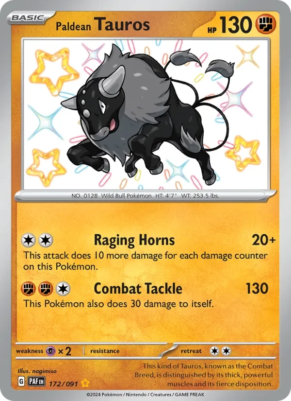 Paldean Tauros 172/91 Paldean Fates Pokémon card