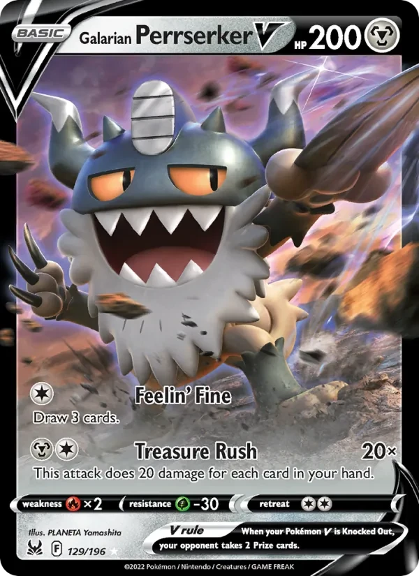 Galarian Perrserker V 129/196 Lost Origin Pokémon card