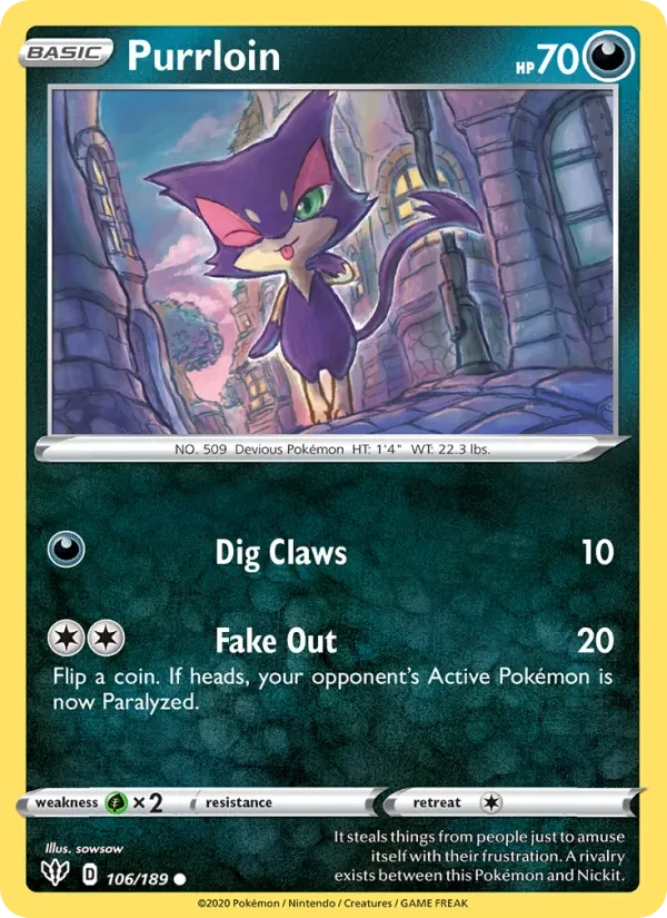 Purrloin 106/189 Darkness Ablaze Pokémon card