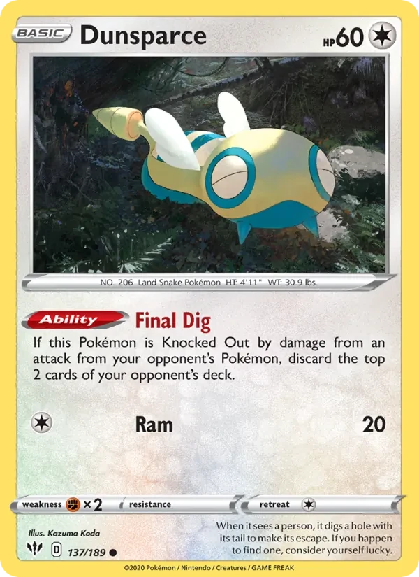 Dunsparce 137/189 Darkness Ablaze Pokémon card