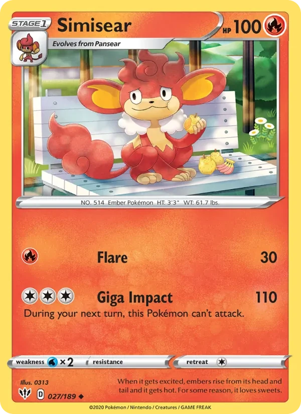 Simisear 27/189 Darkness Ablaze Pokémon card