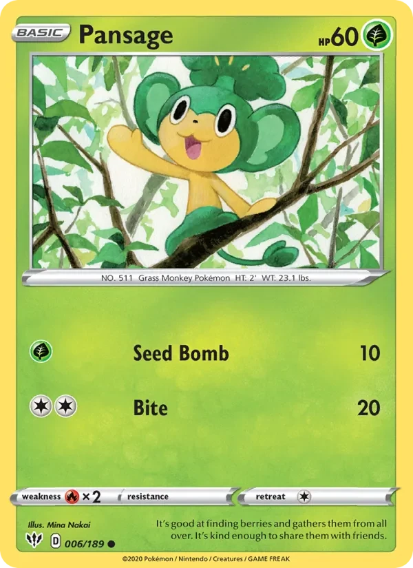 Pansage 6/189 Darkness Ablaze Pokémon Karte