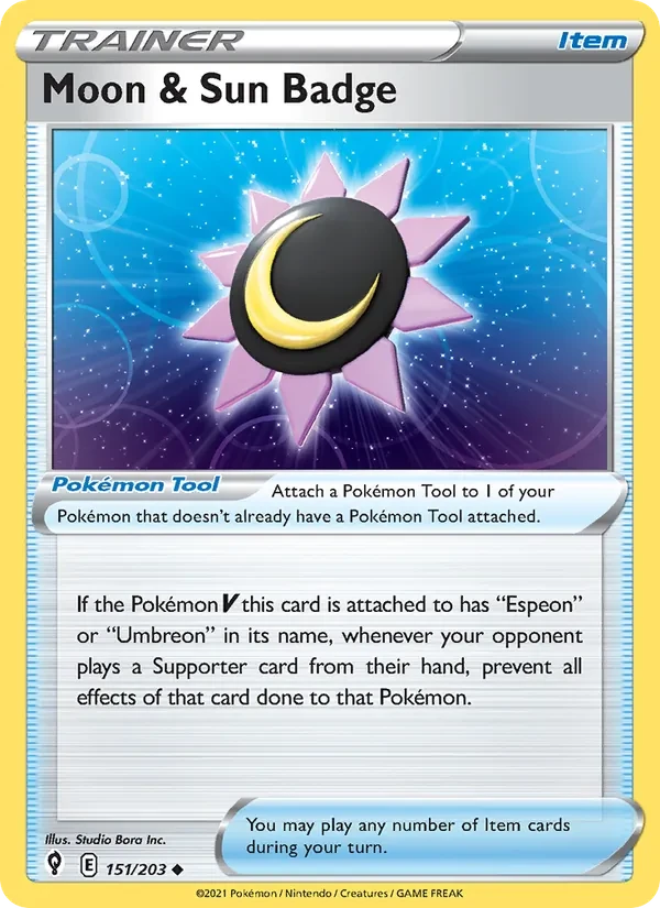Moon & Sun Badge 151/203 Evolving Skies Pokémon card