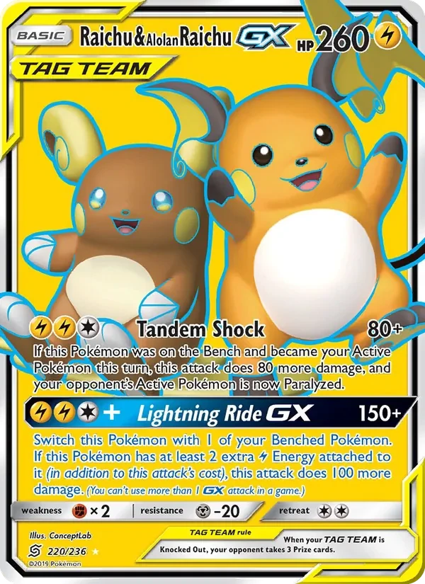 Raichu & Alolan Raichu GX 220/236 Unified Minds Pokémon Karte