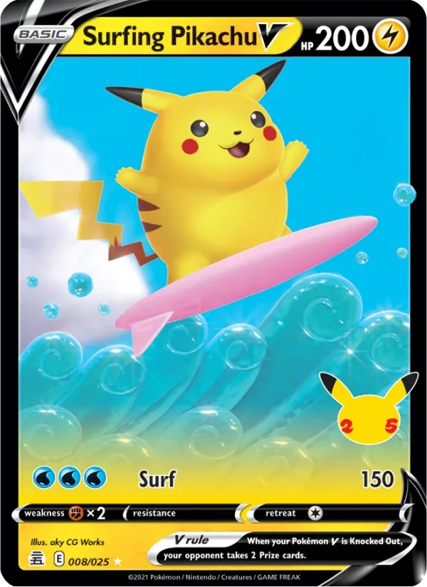 Surfing Pikachu V 8/25 Celebrations Pokémon card