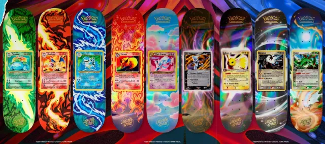 Nine Pokémon TCG x Santa Cruz skateboards with card art of Venusaur, Charizard, Blastoise, Flareon, Dark Espeon, Mewtwo ex, Jolteon ex, Rayquaza and Flygon